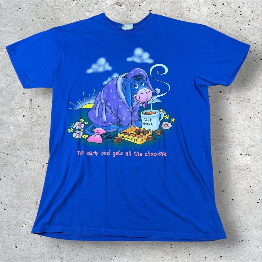 VTG 90s Disney Eeyore Early Bird Gets Chocolate T Shirt OSFA Oversized Blue